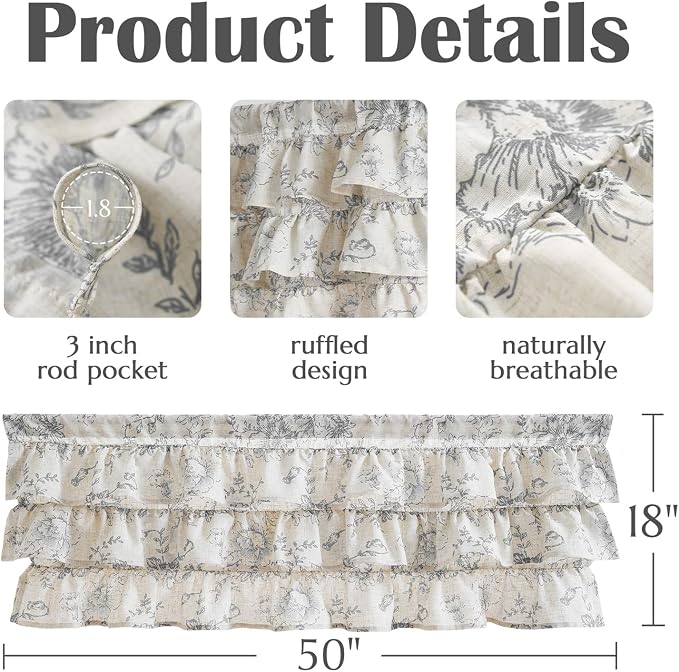 jinchan Ruffled Floral Valance Gray Shabby Chic Small Window Curtain 18 Inch - Image 8