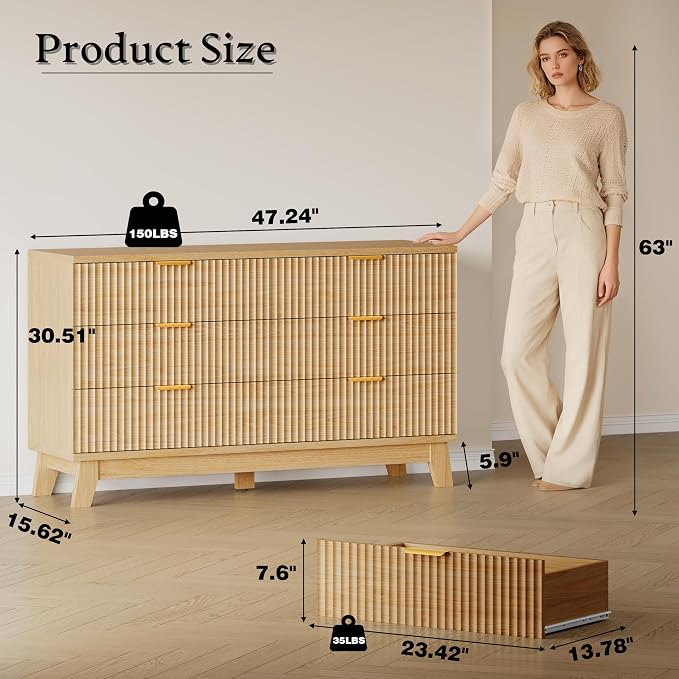 BORNOON Fluted 6 Drawer Dresser, 47.2" Wide Modern Boho Chest of Drawers - Image 2
