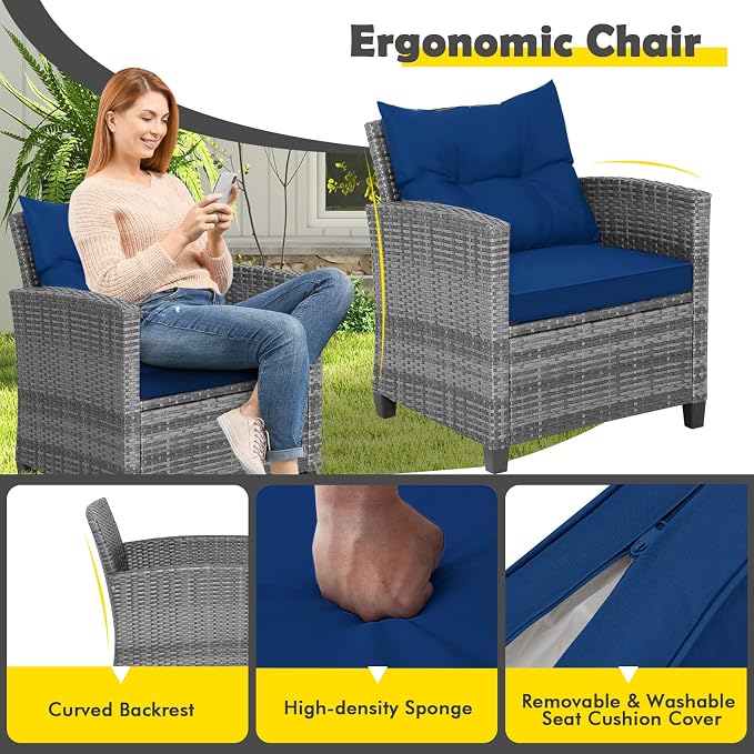 HAPPYGRILL 3 Pieces Patio Conversation Set, Outdoor Furniture Set PE Rattan - Image 6