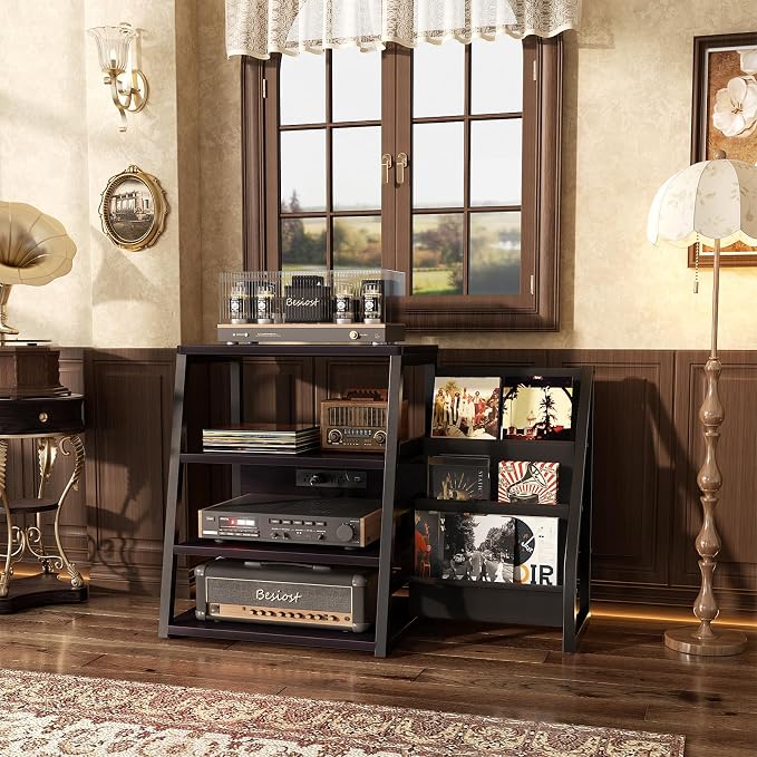 AV Media Stand with Outlets, Stereo Stands and Racks with Vinyl Storage - Image 5