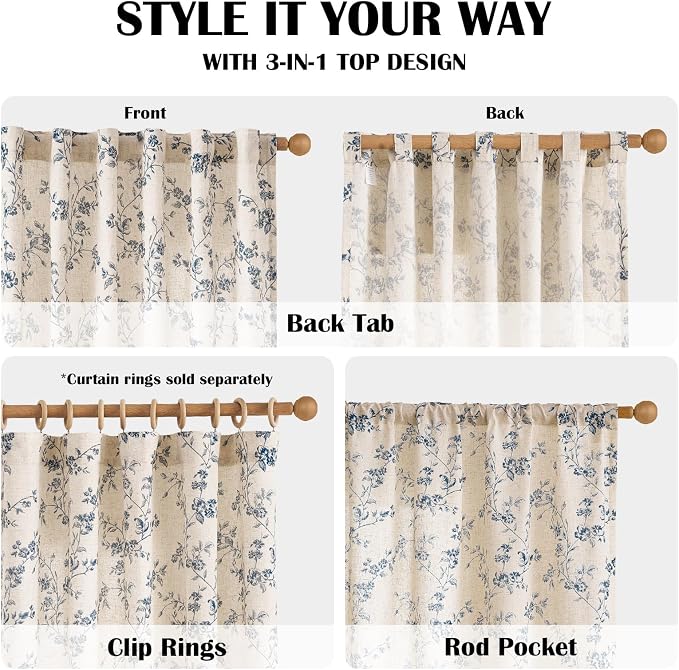 Lazzzy 90 Inch Length Curtain for Living Room Bedroom Blue Floral Drapes Linen - Image 5