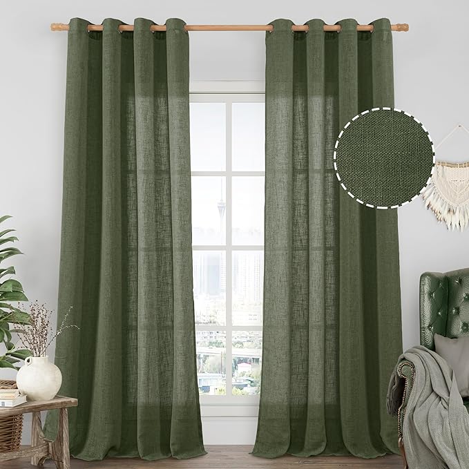 LAMIT Olive Green Linen Sheer Curtains 95 inch by LAMIT