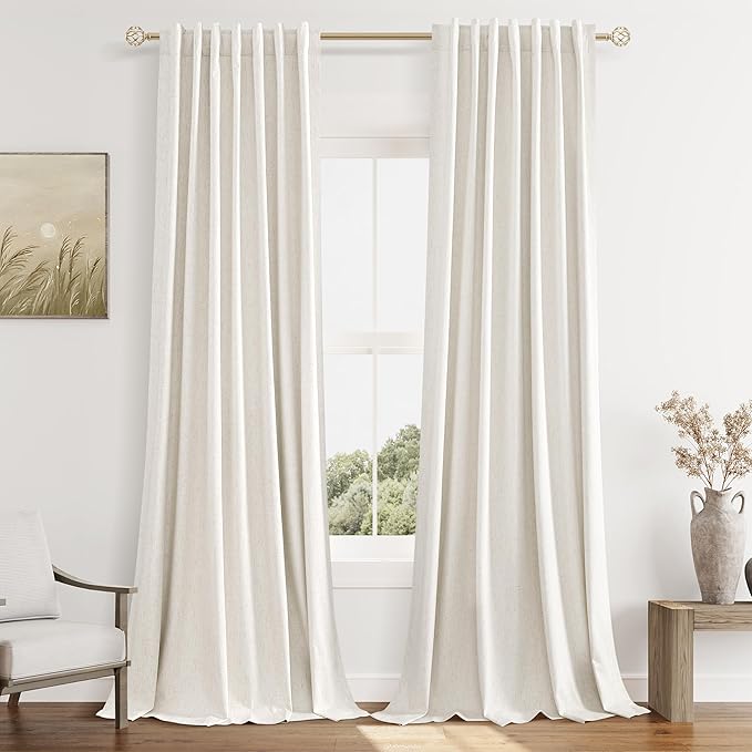 Beige White 100% Blackout Linen Curtains 100 Inch Length 2 Panels Set by Guken