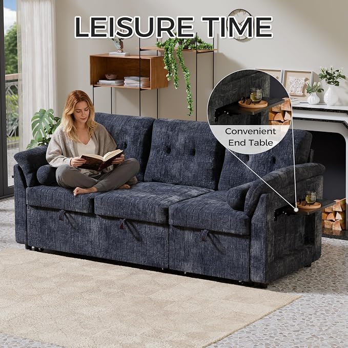 Convertible Sleeper Sofa Bed, 63 Inch Chenille Pull Out Couch - Image 7
