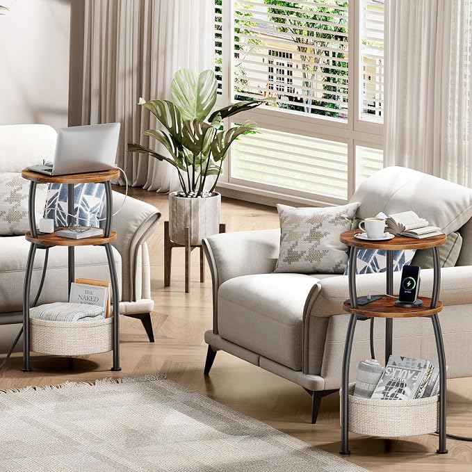 Side Table with Charging Station, Small Round End Table with Basket, USB Port - Image 5