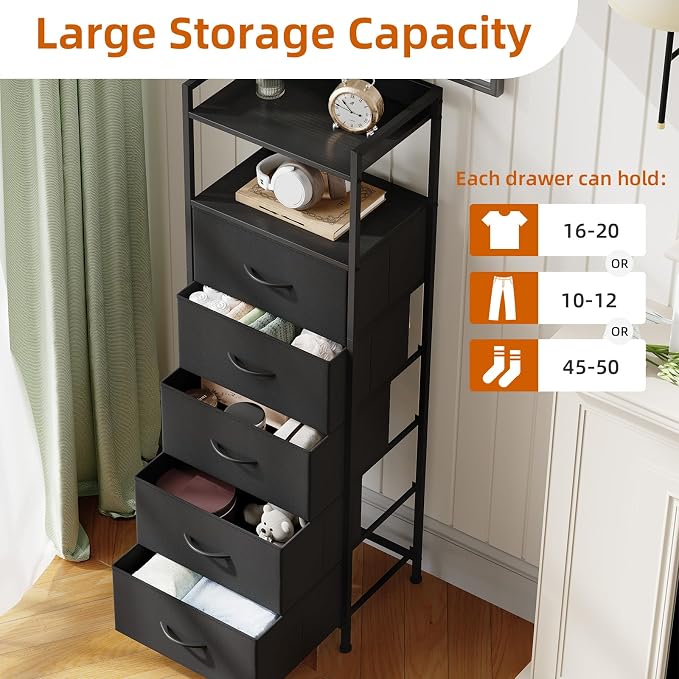 Somdot Tall Dresser for Bedroom, 5 Drawers Nightstand Vertical Storage Tower - Image 5