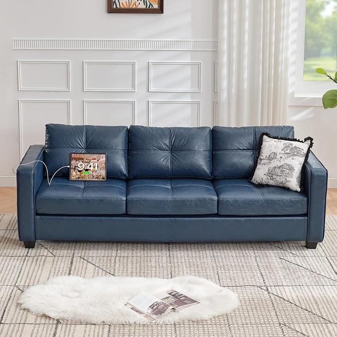 TYBOATLE 88" W Faux Leather Couch w/Side Pockets, Mid-Century Modern Tufted - Image 8