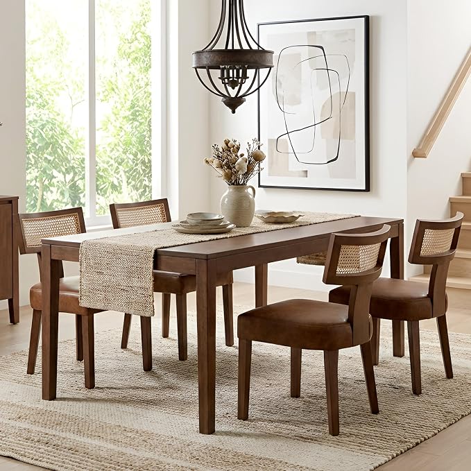 HNY Mid Century Modern Rattan Dining Chairs Set of 4, Farmhouse PU Leather - Image 7