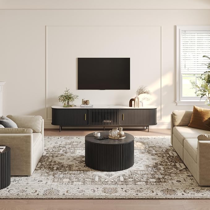 POVISON Fully-Assembled Sliding Tambour Door TV Stand, Mid Century Modern - Image 3