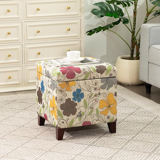 Adeco 18 Inch High Cube Ottoman Storage, Floral Printed Linen Chair Foot Stools - Image 2