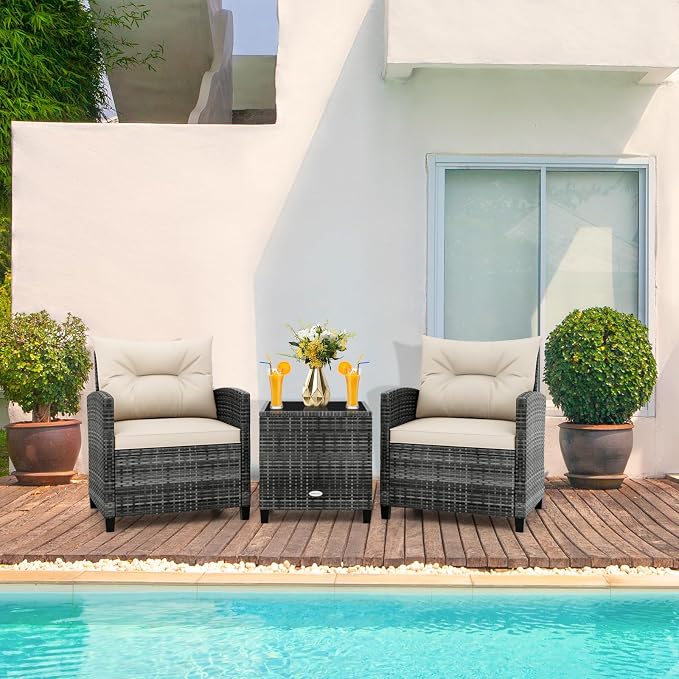 HAPPYGRILL 3 Pieces Patio Conversation Set PE Rattan Outdoor Furniture Sofa Set - Image 3