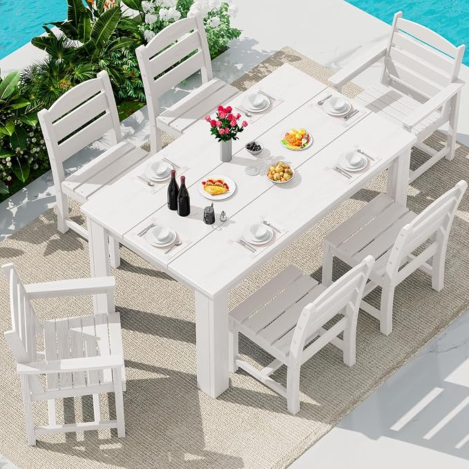 SERWALL HDPE Dining Set for 6: 1 Umbrella Hole Table, 4 Armless + 2 Armchairs. by SERWALL