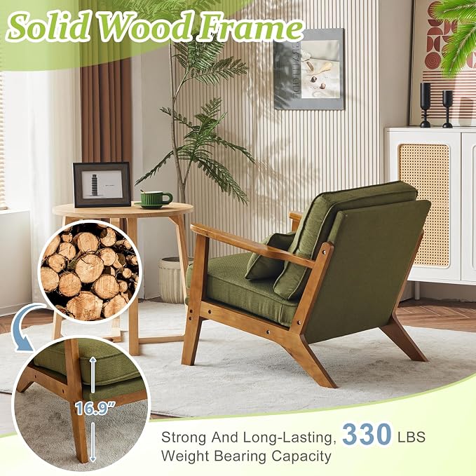 VINGLI Solid Wood Wide Armrests Accent Chair Set of 2, Upholstered Mid Century - Image 4