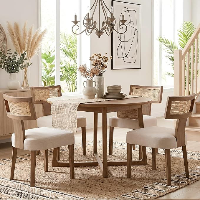 HNY Mid Century Modern Rattan Dining Chairs Set of 6, Farmhouse Linen - Image 8