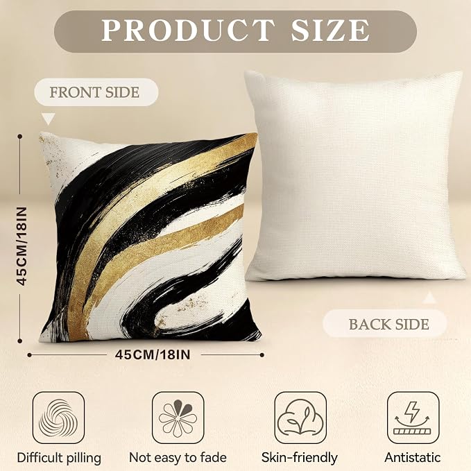 OBSEDE Abstract Black Gold Ink Brush Strokes Throw Pillow Covers 18 × 18 in - Image 3