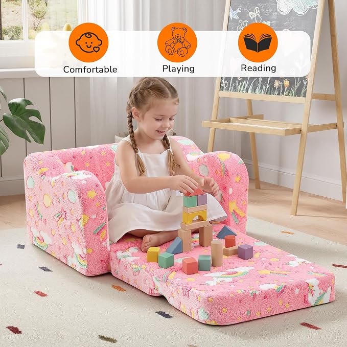 MeMoreCool Glowing Pink Rainbow Kids Chair, 2-in-1 Glow-in-the-Dark Kids Couch - Image 3