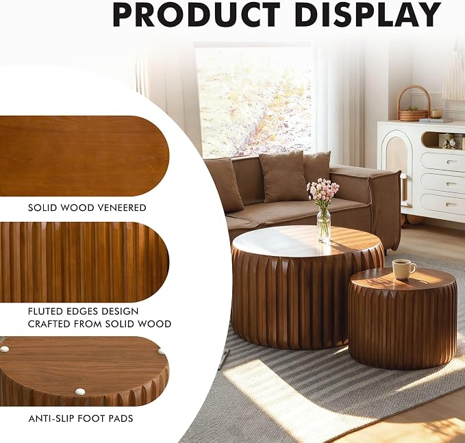 Round Nesting Coffee Table Set of 2, Mid Century Modern Wood Fluted Coffee Table - Image 3