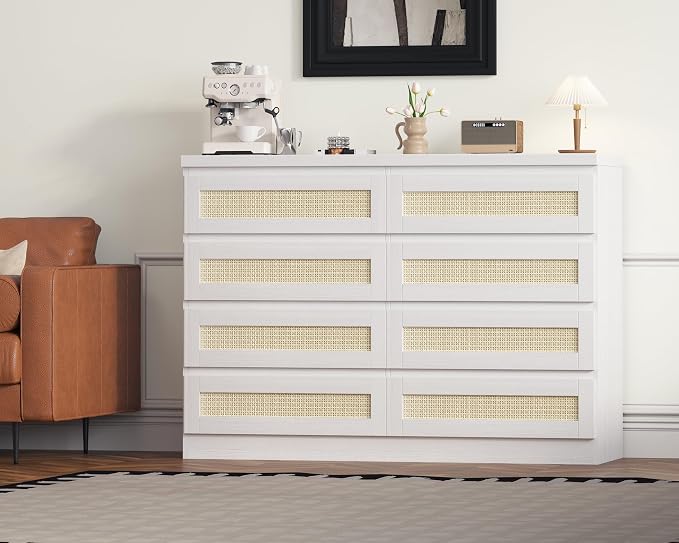 47 Inch Rattan 8 Drawer Dresser, Modern Farmhouse Chest of Drawers, Tv Stand - Image 3
