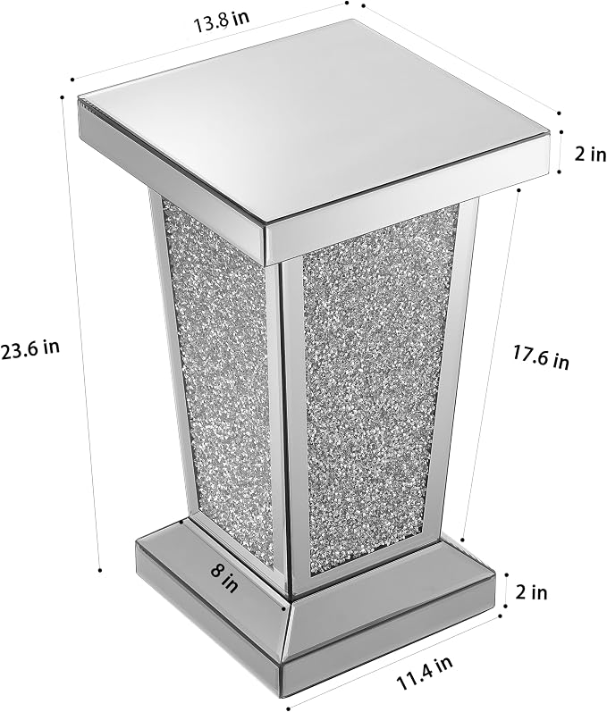 Silver Mirrored End Table with Crystal, Modern Side Accent Table, Square Small - Image 2