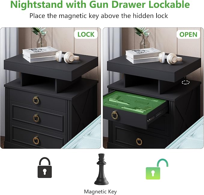 HNEBC Night Stand Set 2 with Gun Drawers, Farmhouse Nightstand with Charging - Image 7