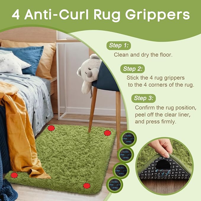 Ophanie Small Rug Washable Non Slip Throw Bedside Area Rugs, Fluffy Soft Green - Image 2