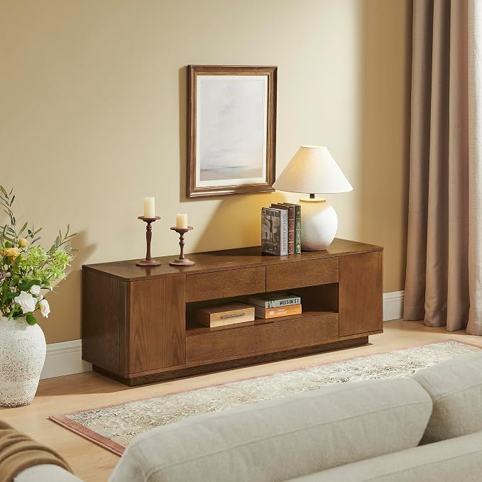 LKTART 59" Mid-Century Modern TV Stand, Solid Wood Veneer Entertainment Center - Image 3