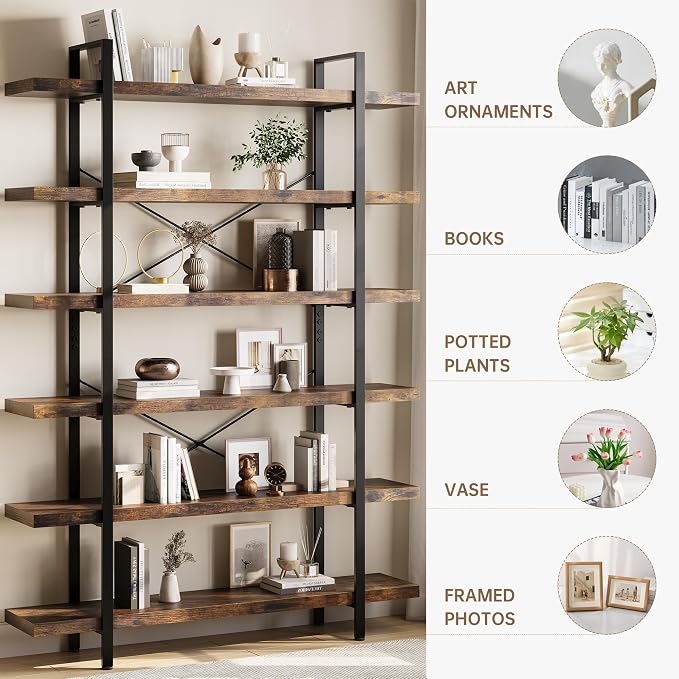 OtterOasis Bookshelf Set of 2, Heavy Duty 6-Tier Industrial Bookcase, 120lbs - Image 3