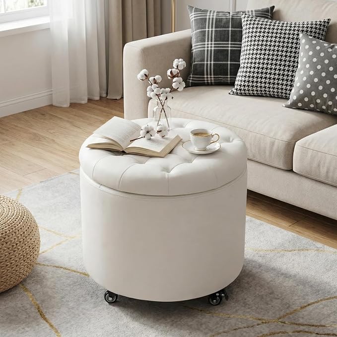 Furniliving Upholstered Button Tufted Round Ottoman - Image 2