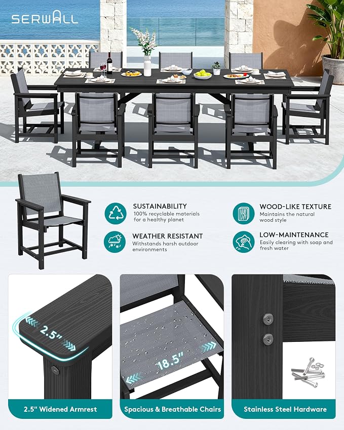 SERWALL Outdoor Dining Chairs Set of 2, All-Weather HDPE Textilene Sling Dining - Image 3