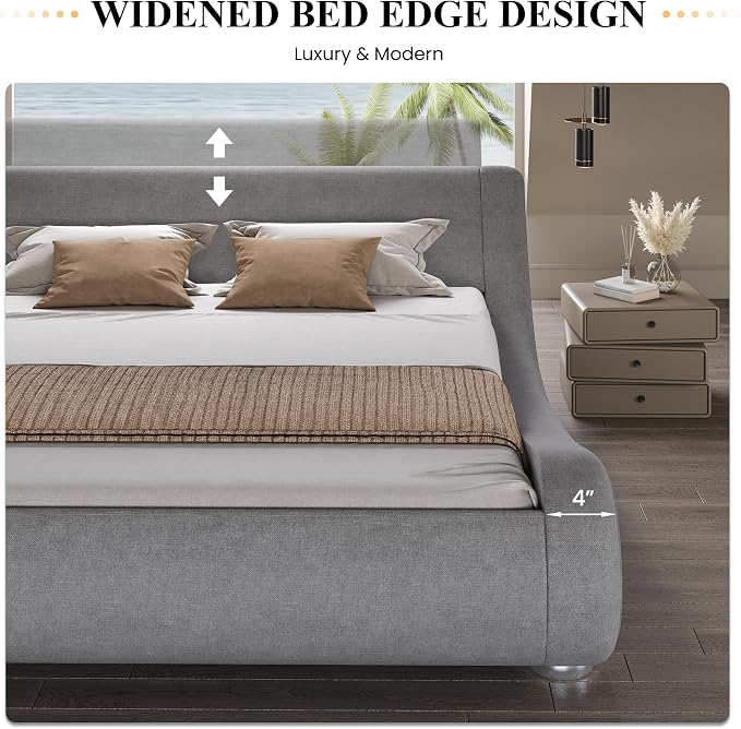 SHA CERLIN Full Size Upholstered Bed Frame, Deluxe Low Profile Sleigh Bed - Image 7