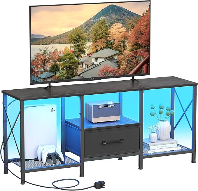 JARHETUN LED TV Stand with Fabric Drawer, Entertainment Center by JARHETUN