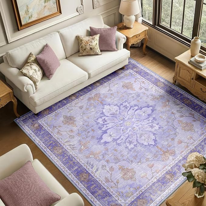 RELEANY Area Rugs Square 6ft Washable Non-Slip, Floral Vintage Distress Print by RELEANY
