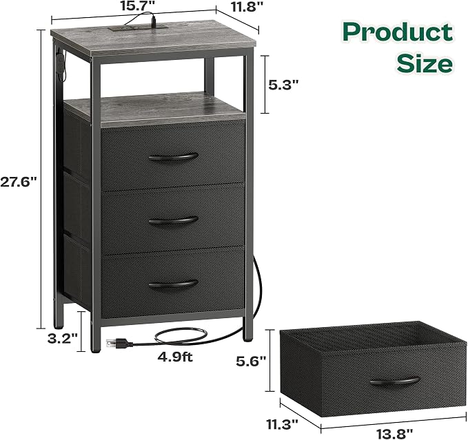 Huuger Night Stand with Charger Station and LED Lights, 3 Drawer Nightstand - Image 3