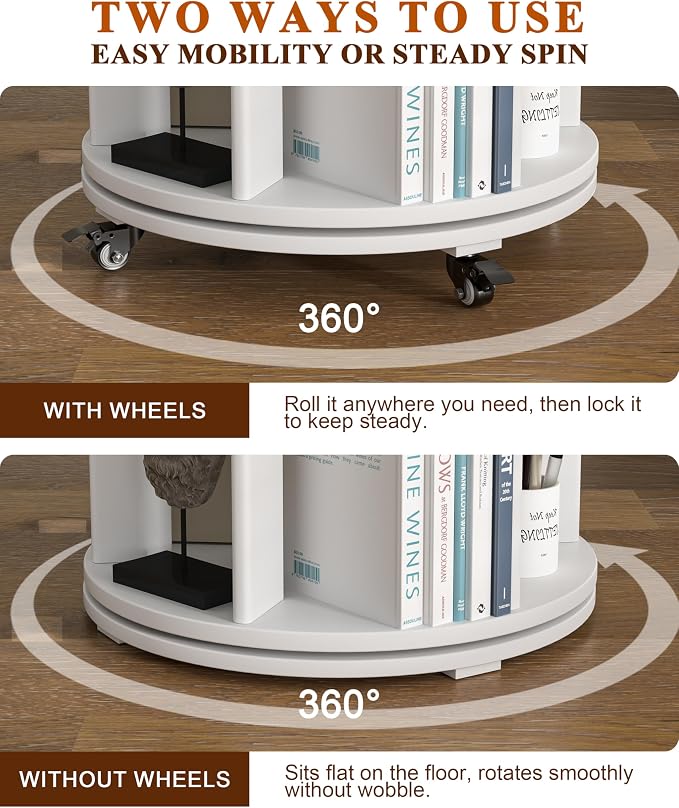 6-Tier Solid Wood Rotating Bookshelf on Wheels, 360° Spinning Book Shelf Tower - Image 5