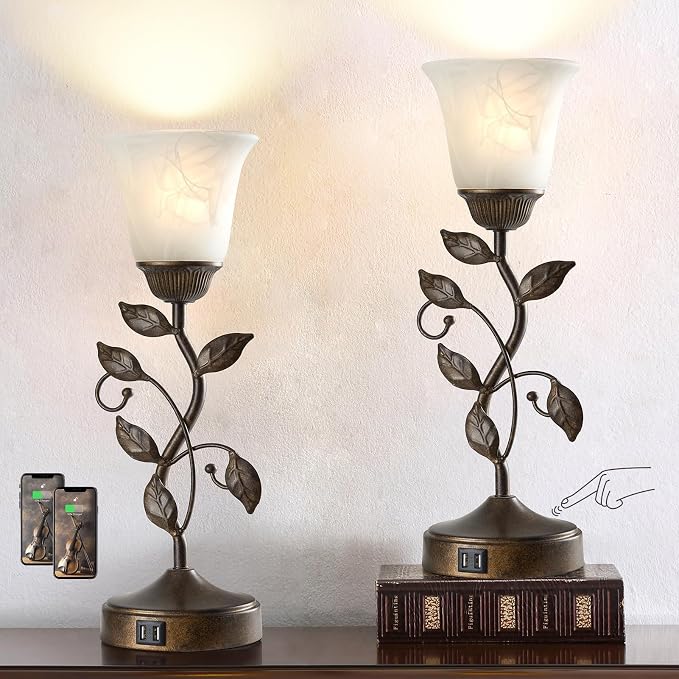Set of 2 Touch Farmhouse Bedroom Table Lamps, Nightstand Vintage Flower Lamps - Image 2