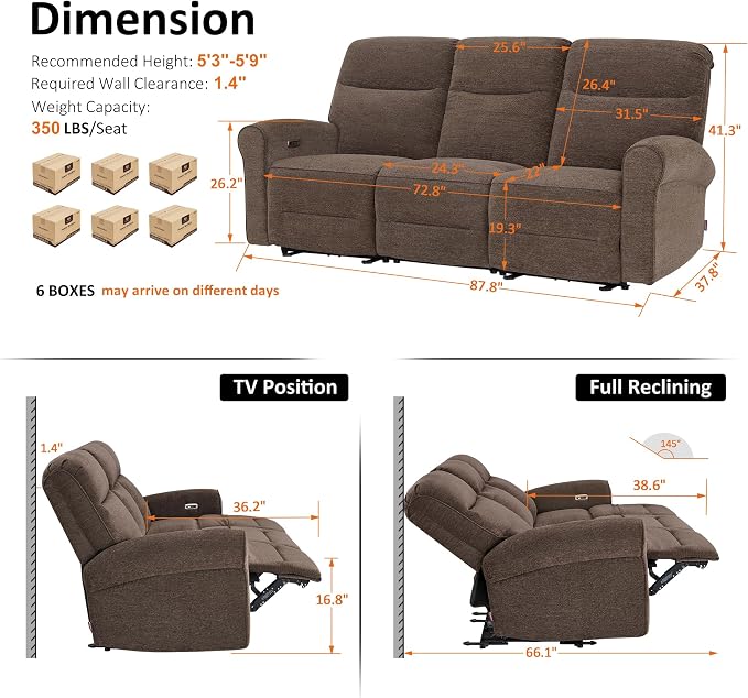 MCombo 87.8" Wall Hugger Power Reclining Sofa, 3-Seat Triple Recliner Couch - Image 3
