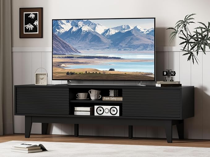 Fluted TV Stand for 55 65 Inch TV, Mid Century Modern Entertainment Center by Xixini