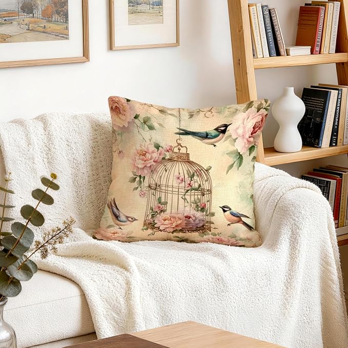 OBSEDE Vintage Throw Pillow Covers Set of 2, 18x18 Inch Pink Rose and Bird Print - Image 8