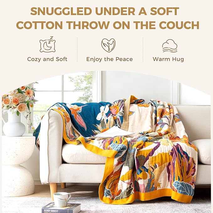 LUTBM Boho Throw Blanket for Bed 100% Cotton Soft Lightweight Quilt Floral - Image 4