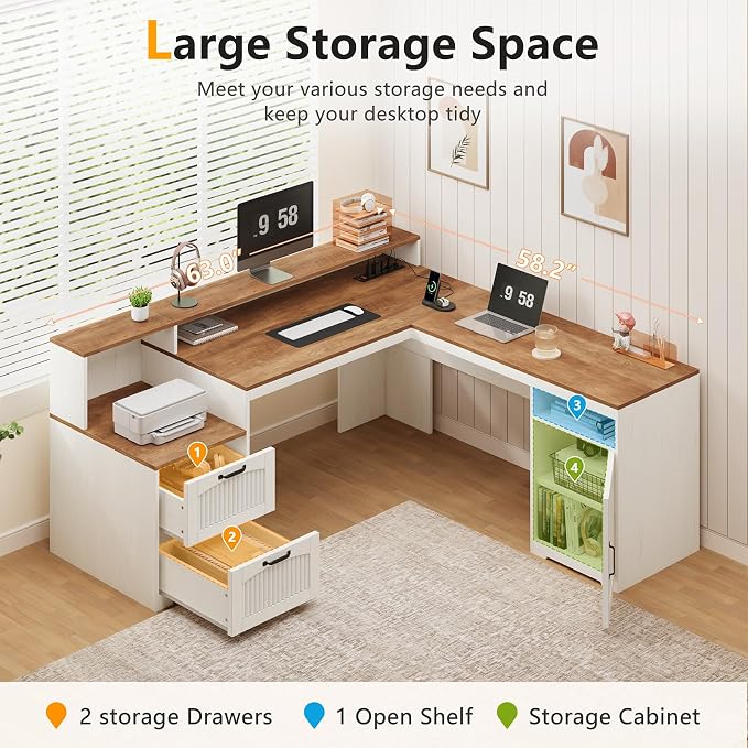 YOMILUVE 63" Farmhouse L Shaped Executive Desk - Image 4
