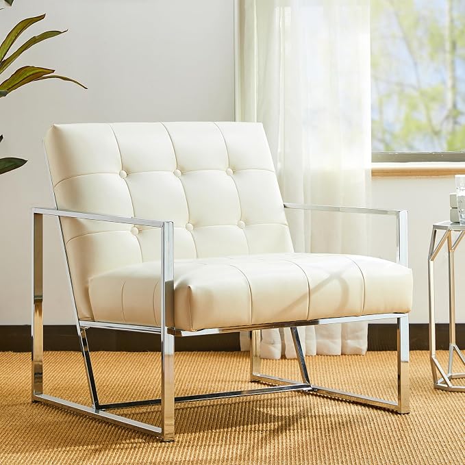 Glitzhome Mid Century White Accent Chair, Modern Living Room Armchairs by Glitzhome