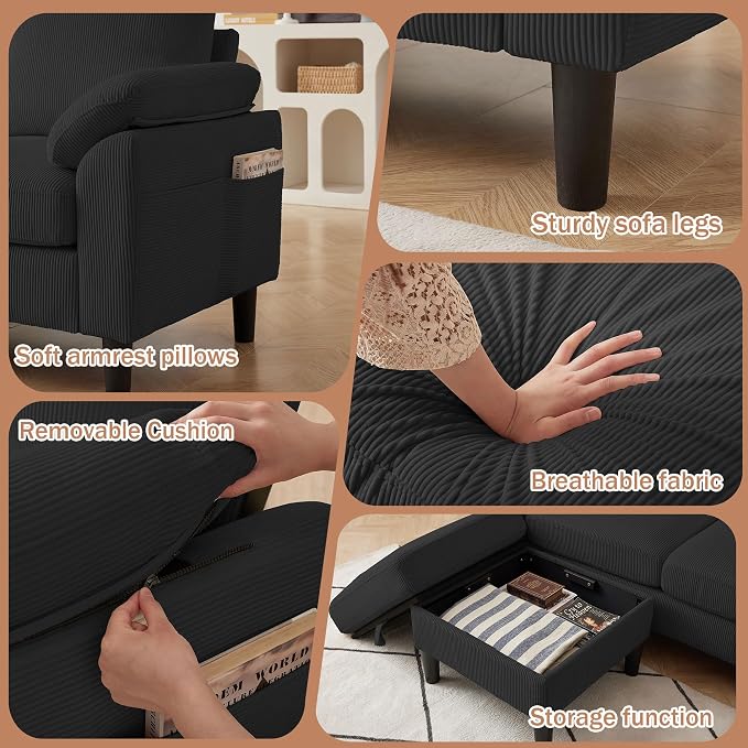 4 Piece Modern Corduroy Sofa Set, L-Shaped Sectional Couch - Image 7