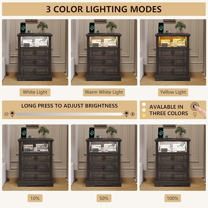 Nightstand Set 2 with Charging Station, Farmhouse End Side Table with 3 Drawers - Image 6