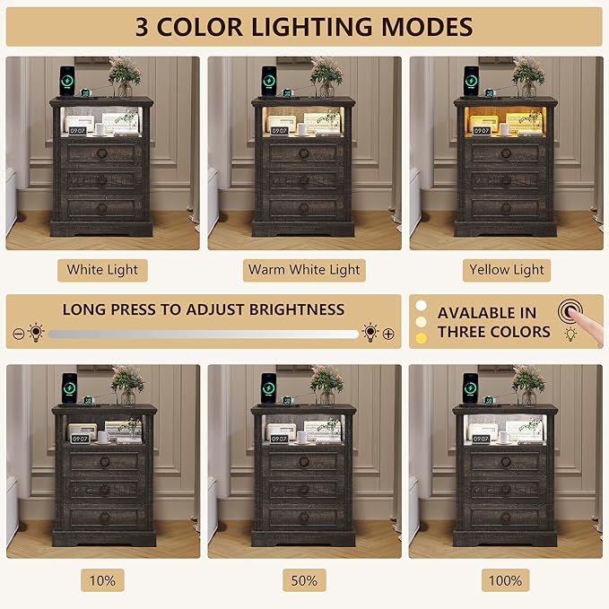 Nightstand with Charging Station, Farmhouse End Side Table with 3 Drawers and - Image 4