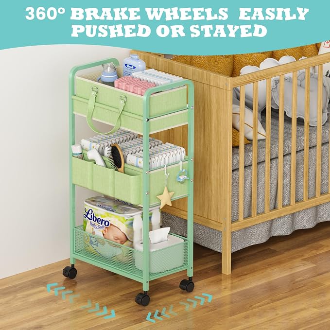 2in1 Baby Diaper Caddy Organizer Cart, 3-Tier Rolling Cart, Metal Diaper Caddy - Image 7
