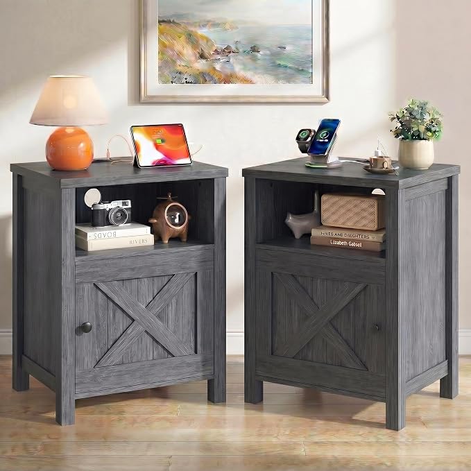 Marsail Farmhouse Nightstand Set of 2, Wood Bedside Table by Marsail
