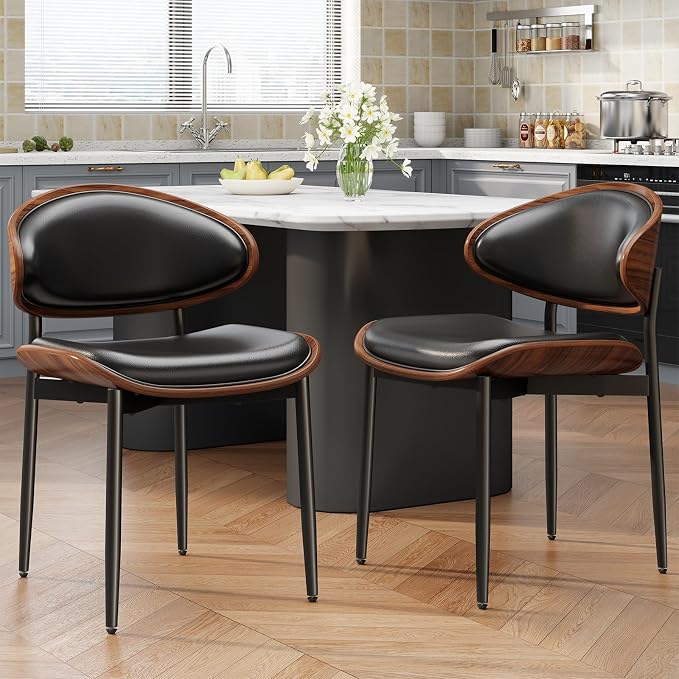 REONEY Dining Chairs Set of 2, Mid-Century Modern Upholstered PU Leather Chairs - Image 2