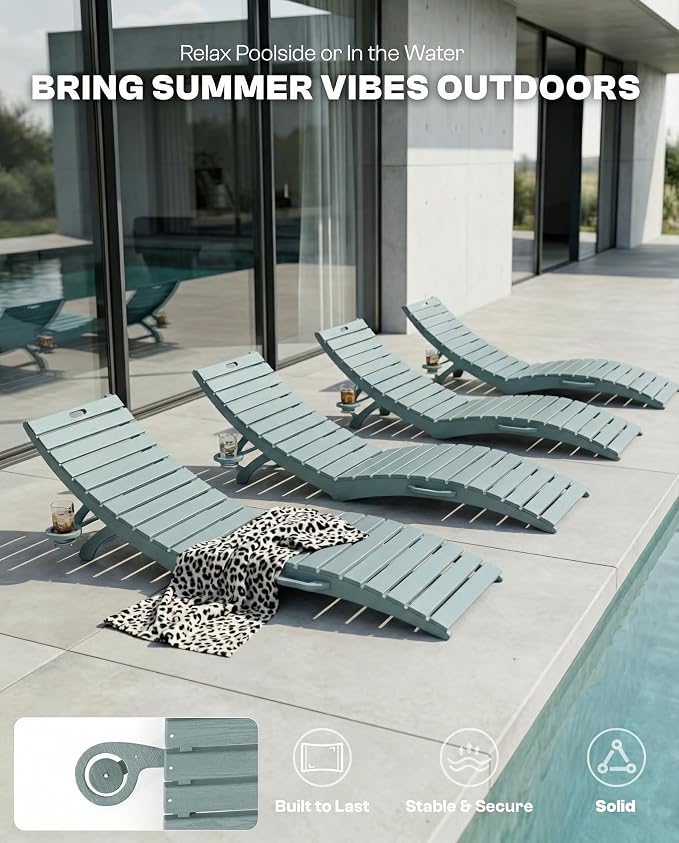 Folding HDPE Pool Lounge Chairs Set of 2, Pre-Assembled Outdoor Chaise Lounge - Image 6