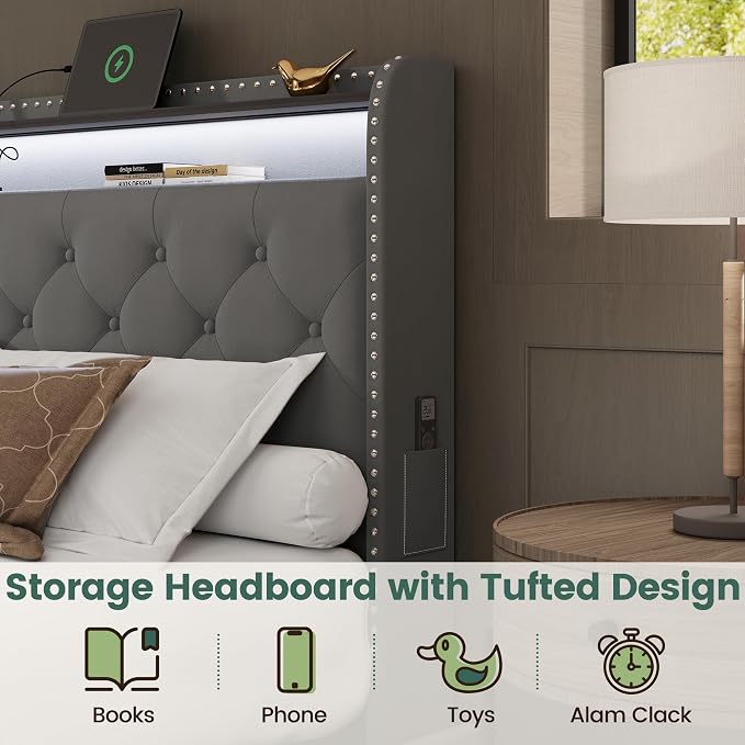 LARMACE King Bed Frame with 4 Storage Drawers and USB Charging Station Velvet - Image 5