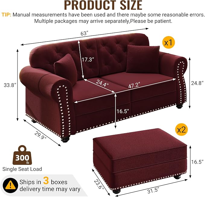 KEIKI 63" Velvet Chesterfield Sofa - Image 2
